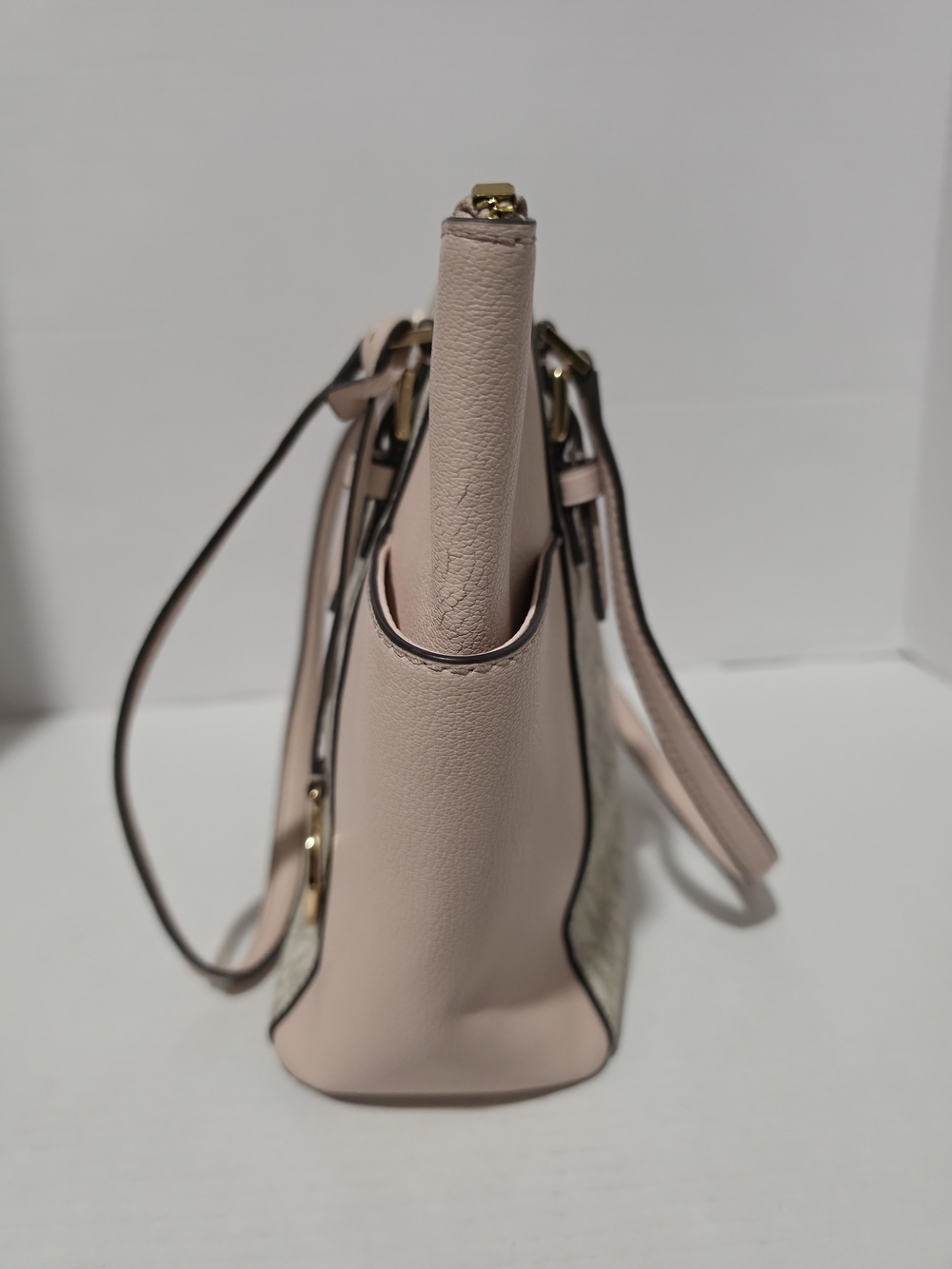 Michael Kors MK Monogram Zip Top Tote Beige/Blush Gold Hardware Charm Pockets - Picture 6 of 10